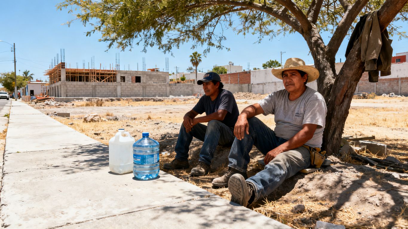 Trabajadores mexicanos buscando sombra durante el calor