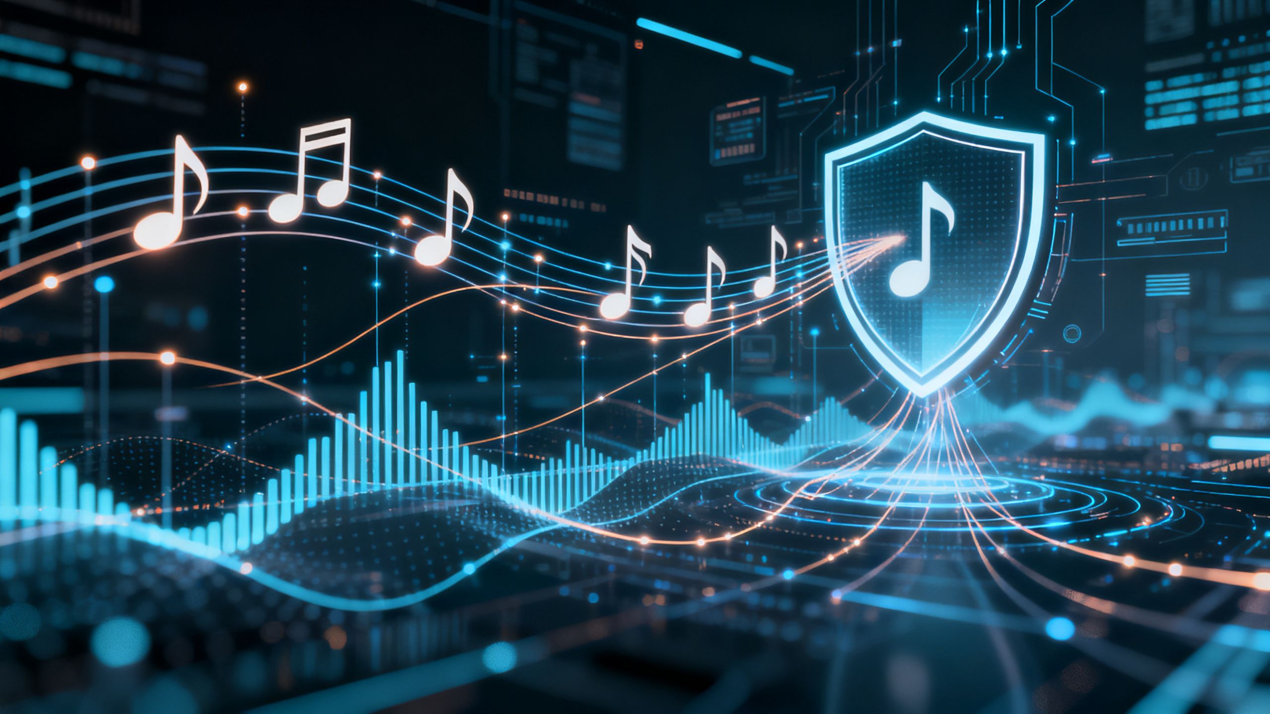 AI analyzing music data to protect artists' intellectual property.