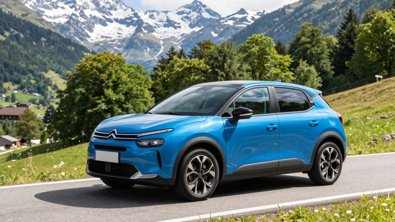 Blauer Citroën e-C3 auf Schweizer Bergstraße