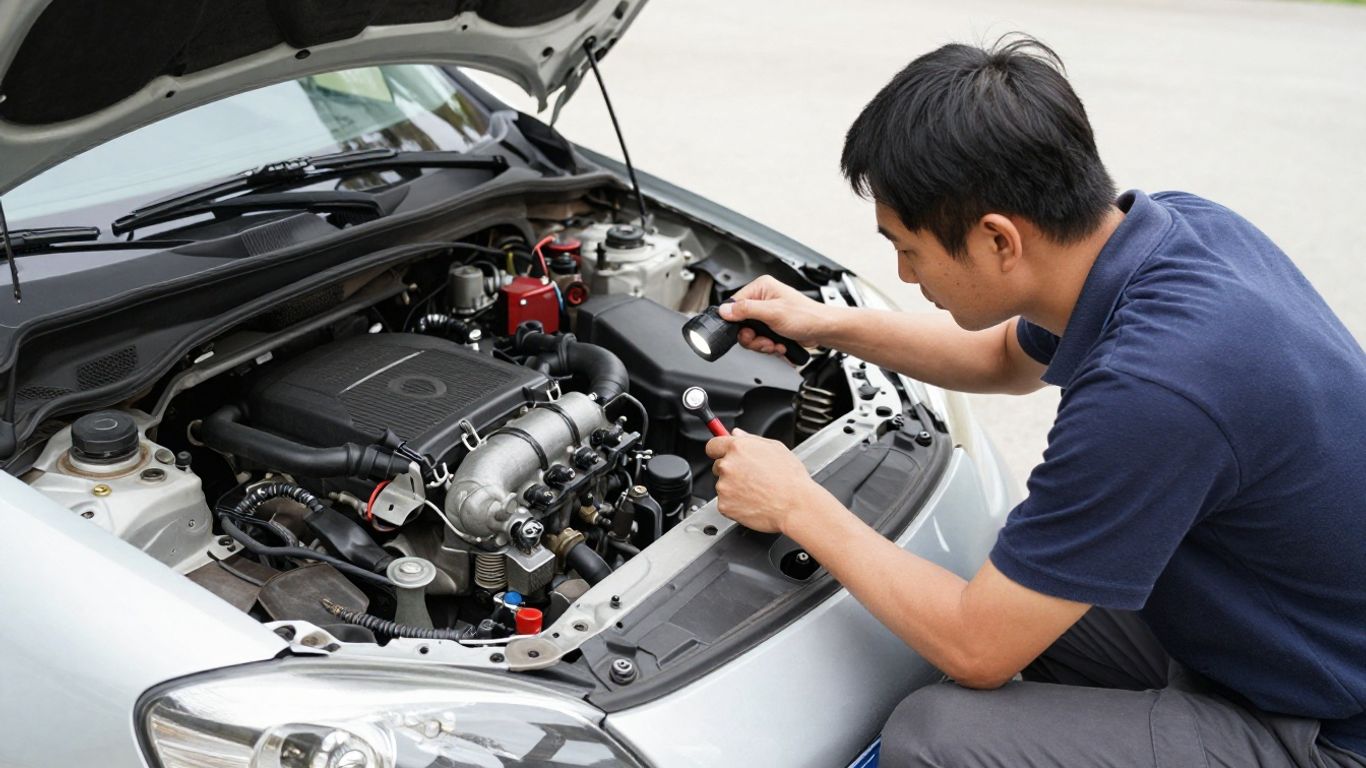 Mechanic fitting starter motor beside parked car
