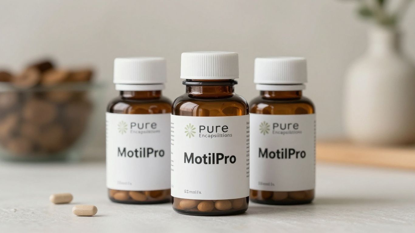 Pure Encapsulations MotilPro supplement bottles on a clean background.