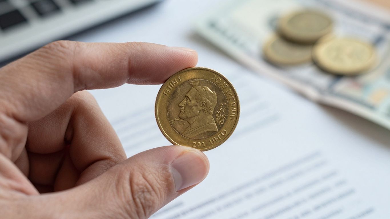 Gold coin held in hand, financial background.