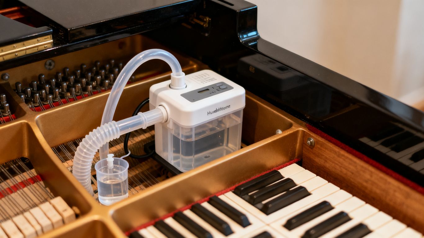 Close-up of a piano humidity control system tank