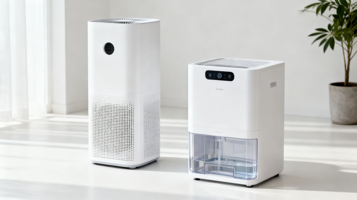 A split image showing a dedicated purifier and a dehumidifier side-by-side.