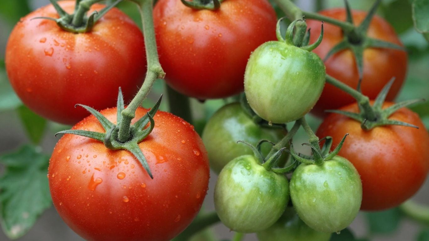 Ungleichmäßig gereifte Tomaten an einer Pflanze