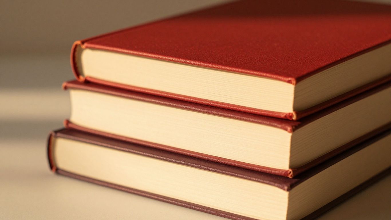 Cozy book stack with warm lighting and rich colors.