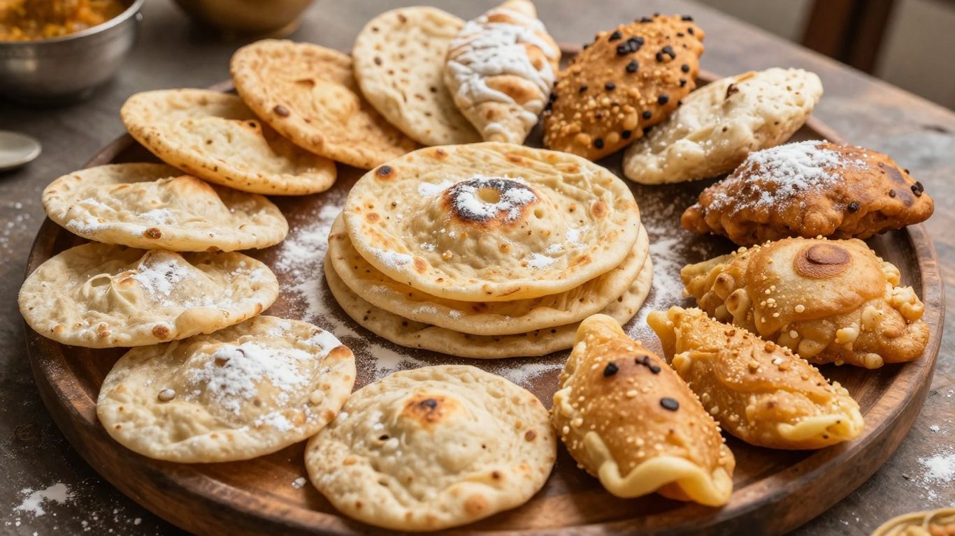 Assortment of Indian flatbreads like roti, puri, and paratha.