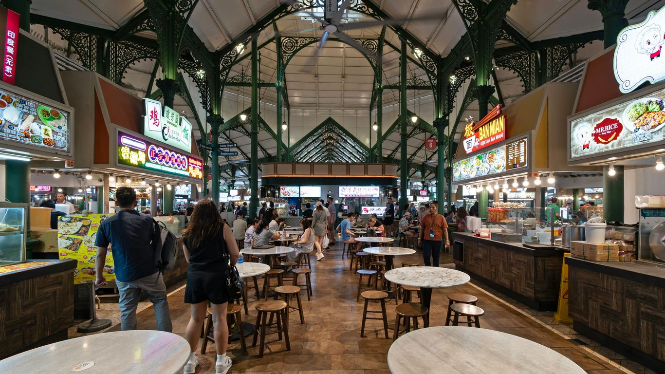 Covered hawker centre with shared tables