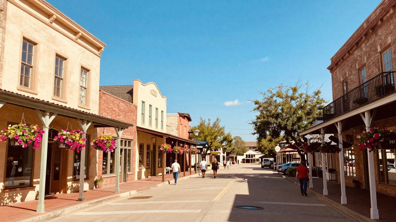 Charming town square in Wimberley, Texas with colorful shops.