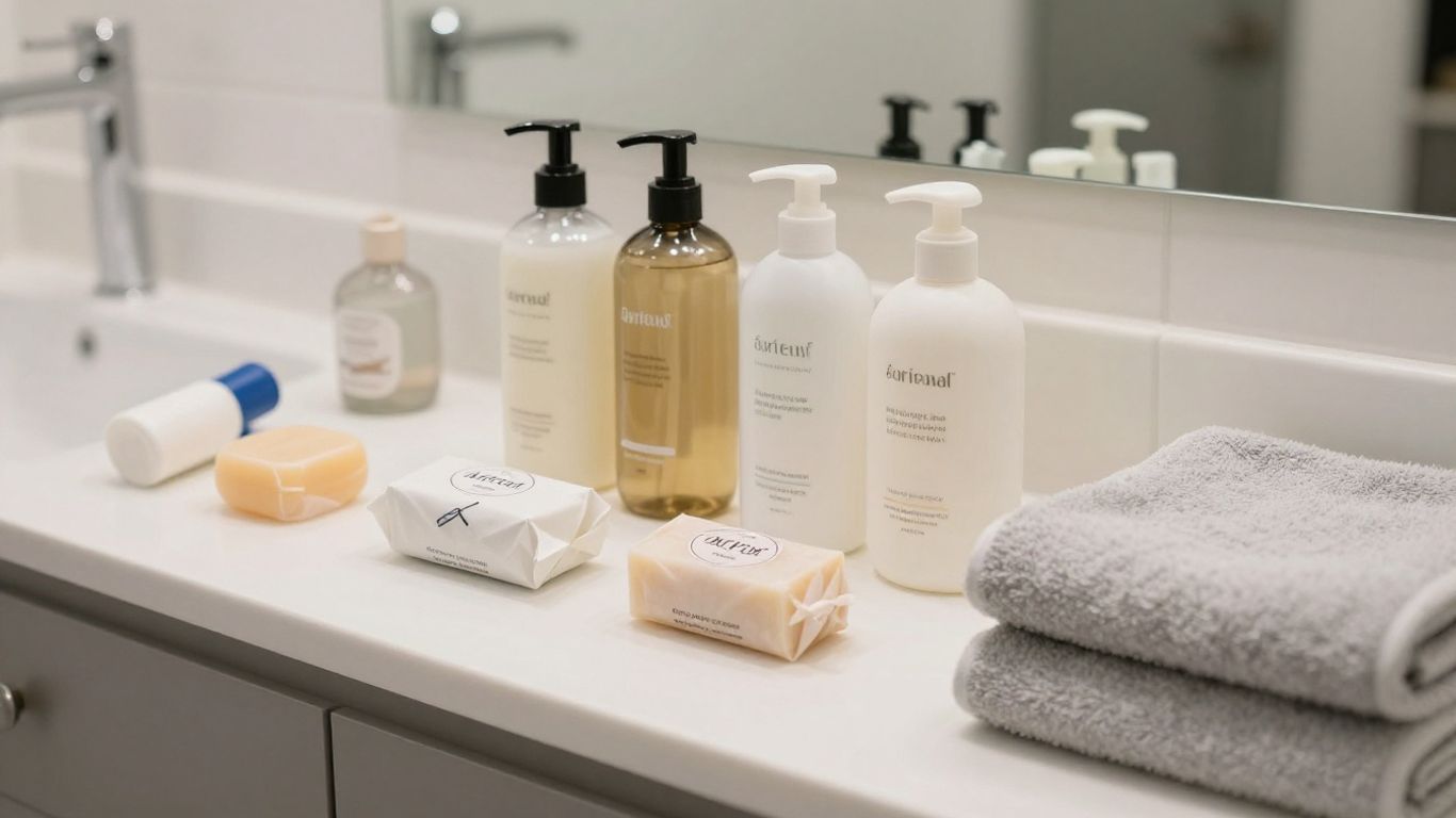 Suministros de limpieza y toallas en un baño de Airbnb.