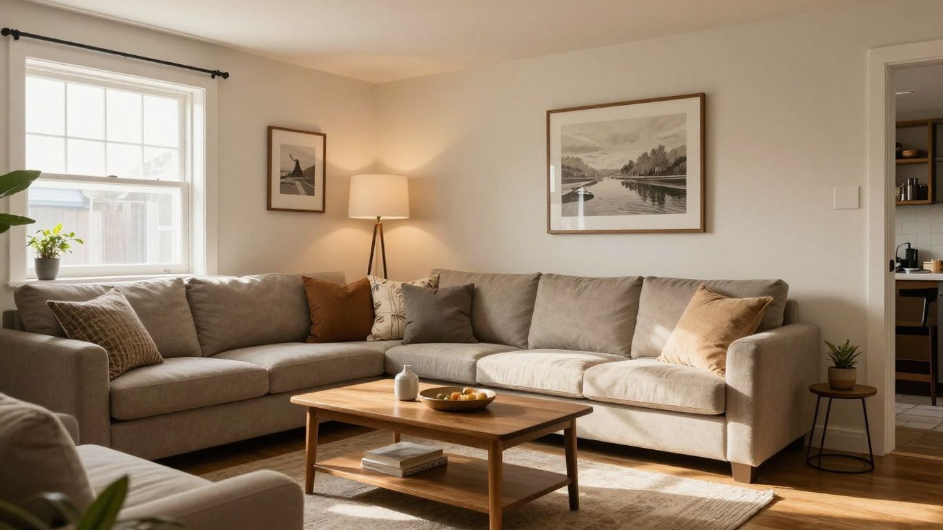 Remodeled basement living space with comfortable seating and warm lighting.