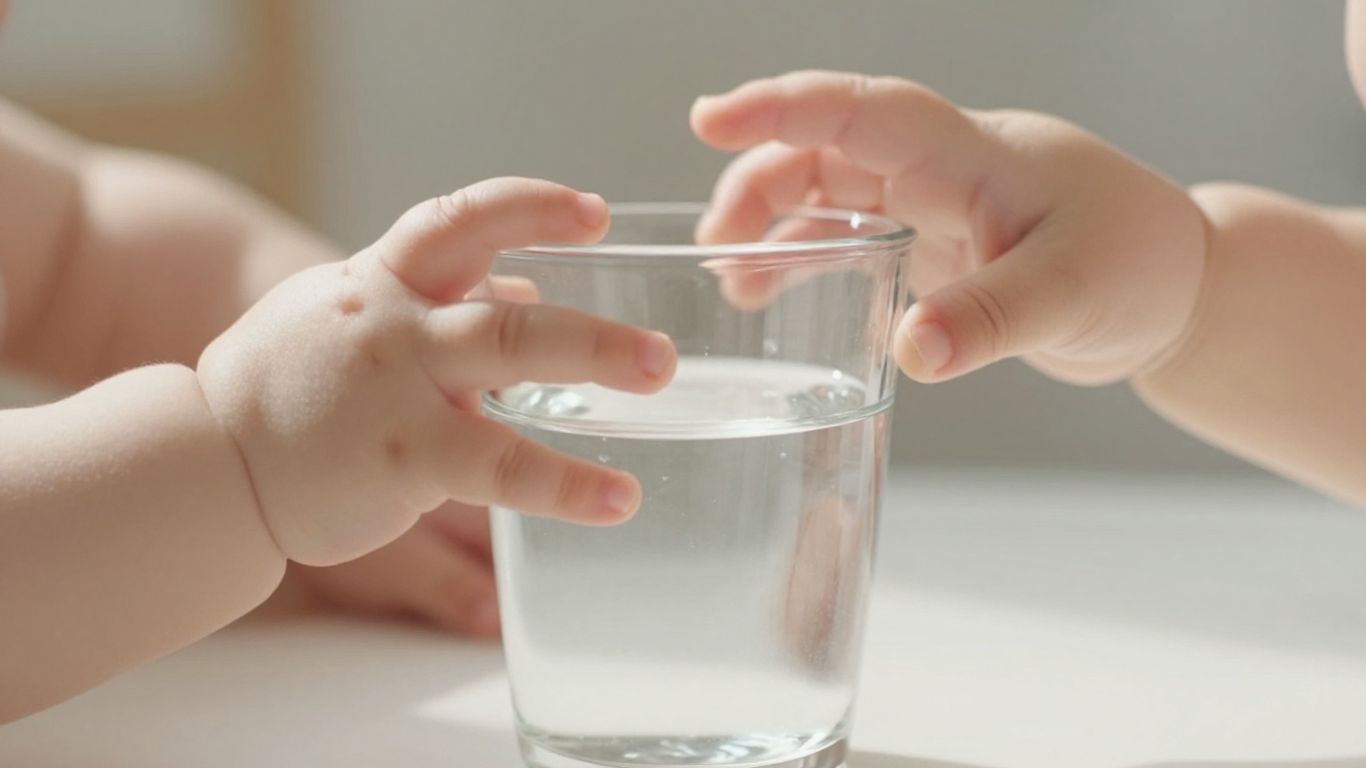 Bebé bebiendo agua de un vaso transparente.