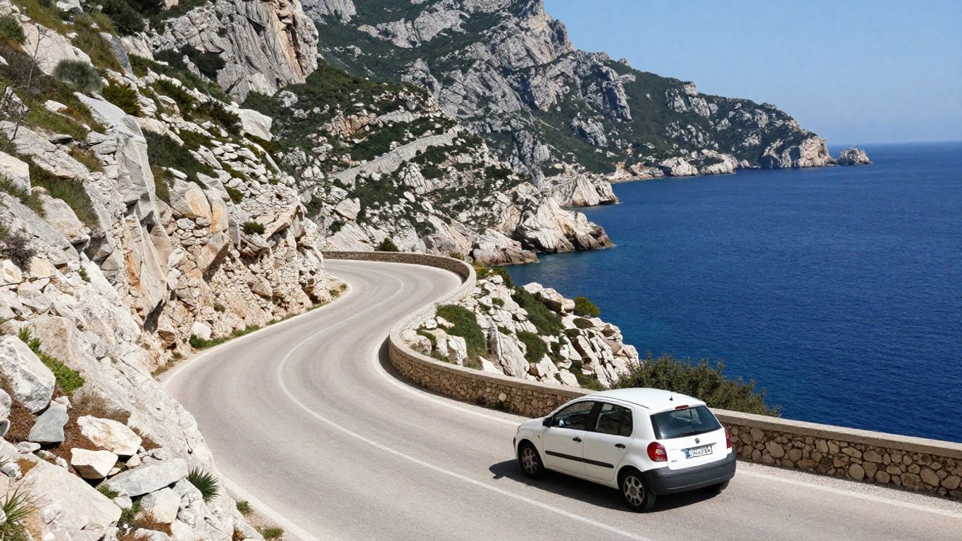 Rental car on a winding road above Corsican coast