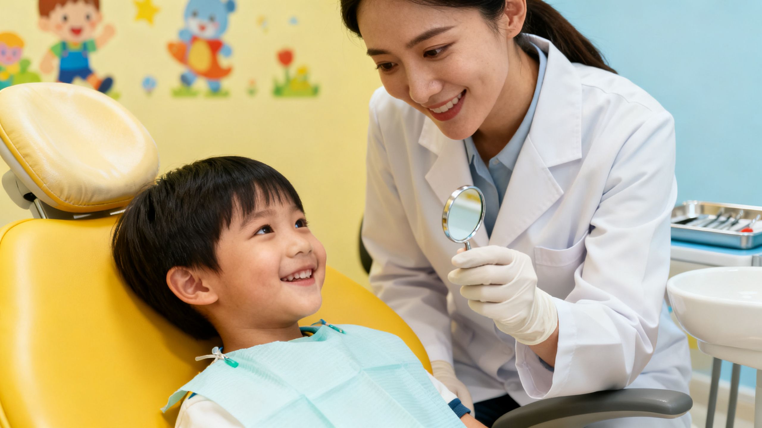 A child sitting comfortably in a dental chair, smiling at the dentist during their first check-up.