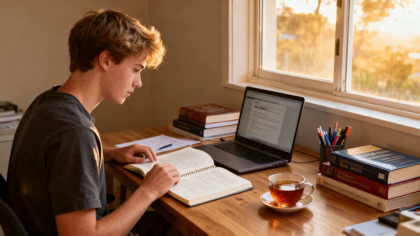Young Australian studying market education on a laptop at home