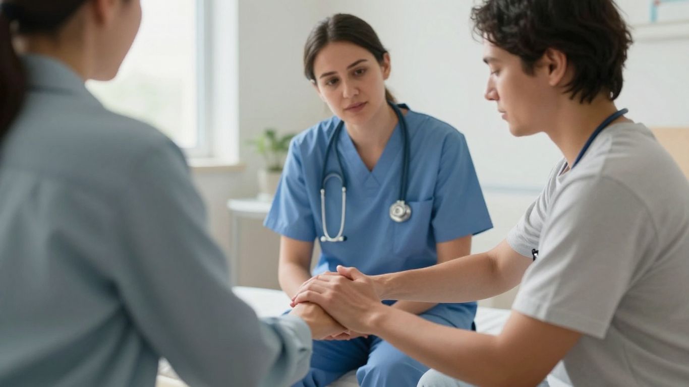 Mental health nurse comforting patient in Australian healthcare setting.