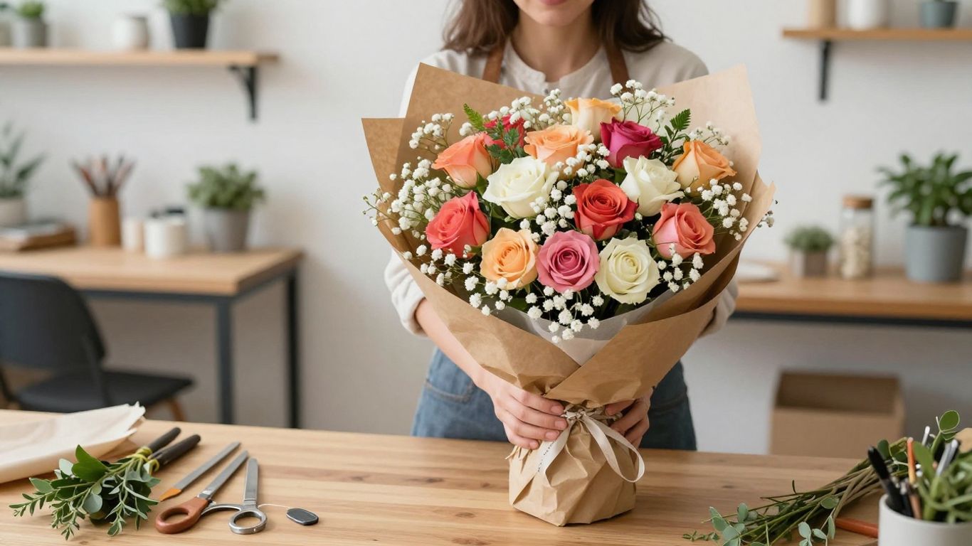 A professional florist crafting a floral design