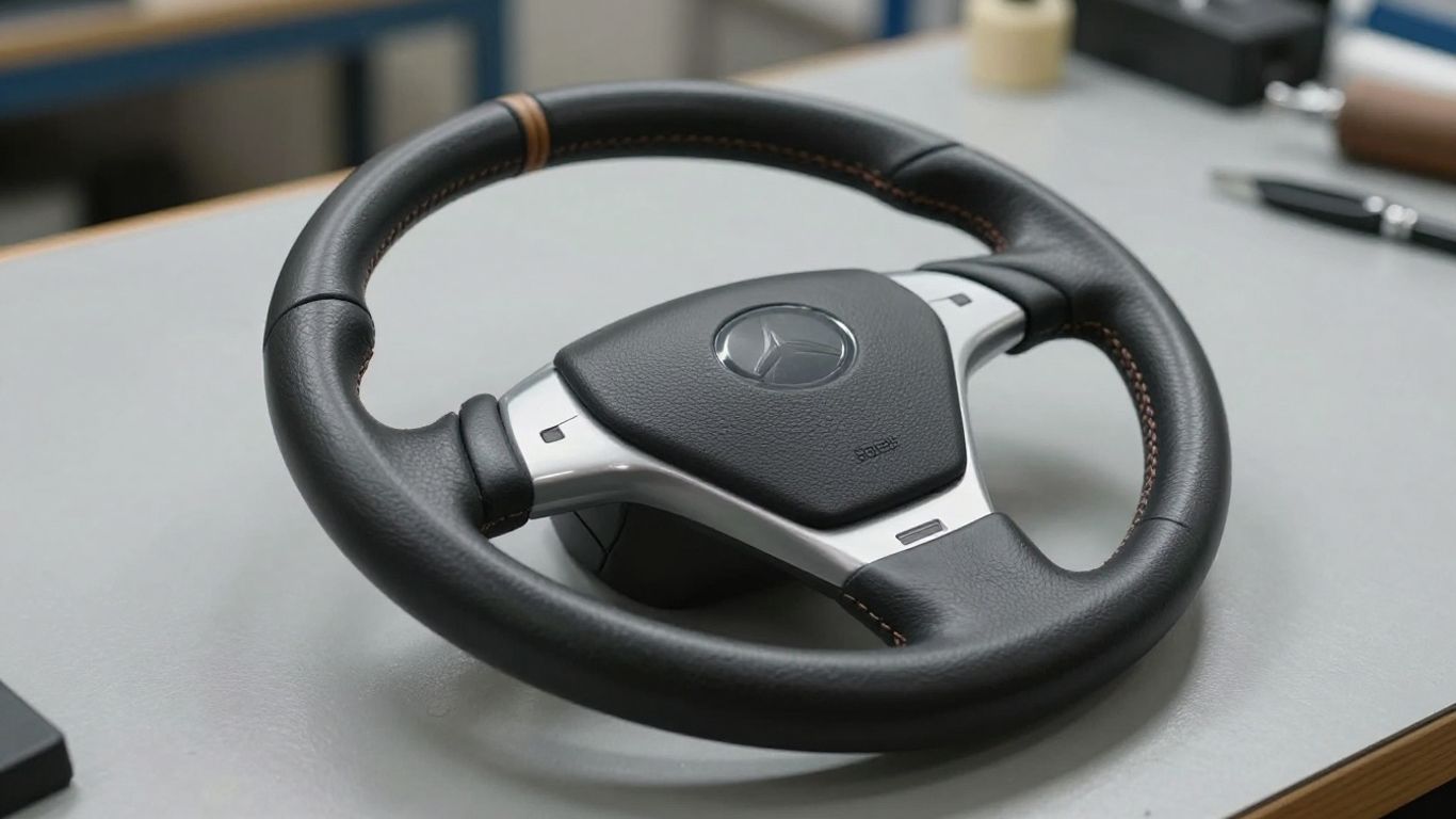 A clean used steering wheel resting on a workbench