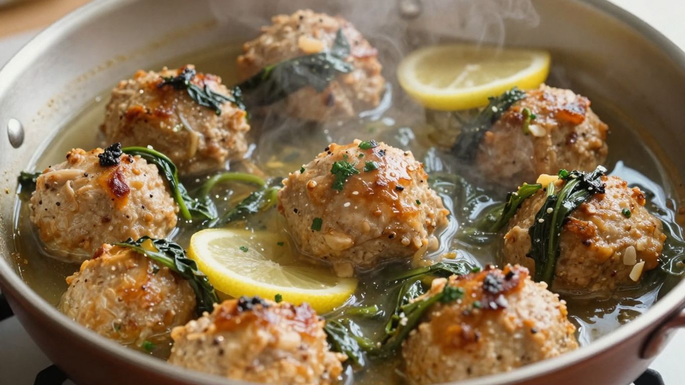 Skillet chicken meatballs simmering with greens