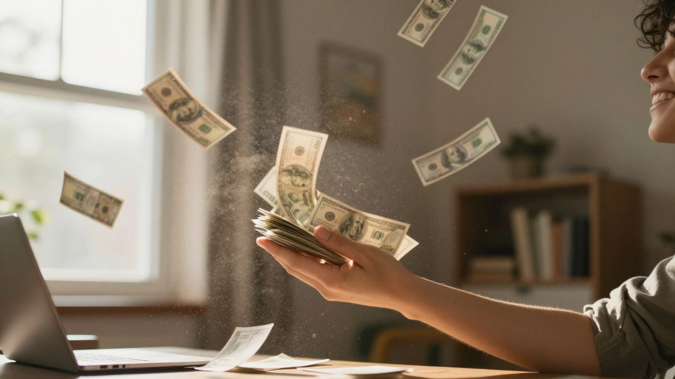 Persona feliz lanzando billetes al aire, simbolizando libertad financiera.