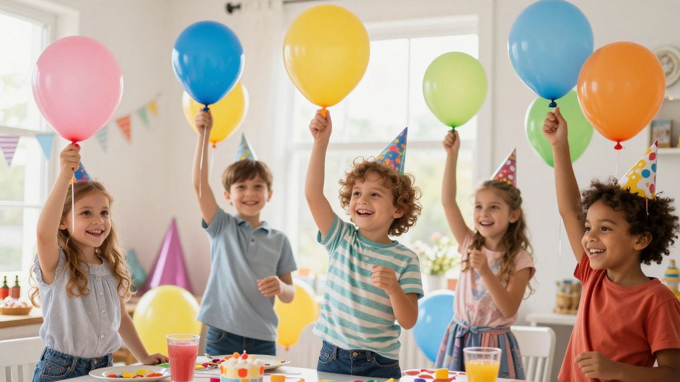 Happy kids with balloons at the end of a birthday party.