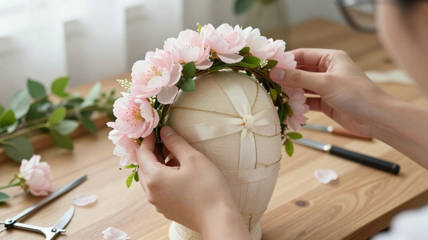 Close view of adjustable floral crown construction