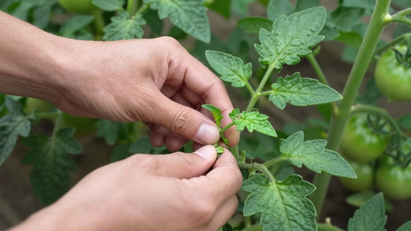 Gärtnerhände entfernen Seitentriebe von Tomatenpflanze