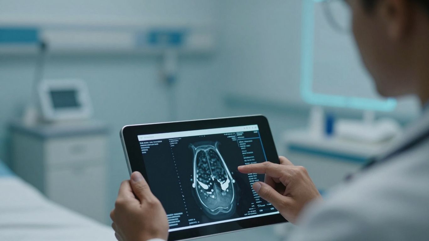 Mâini doctorului cu o tabletă medicală digitală.