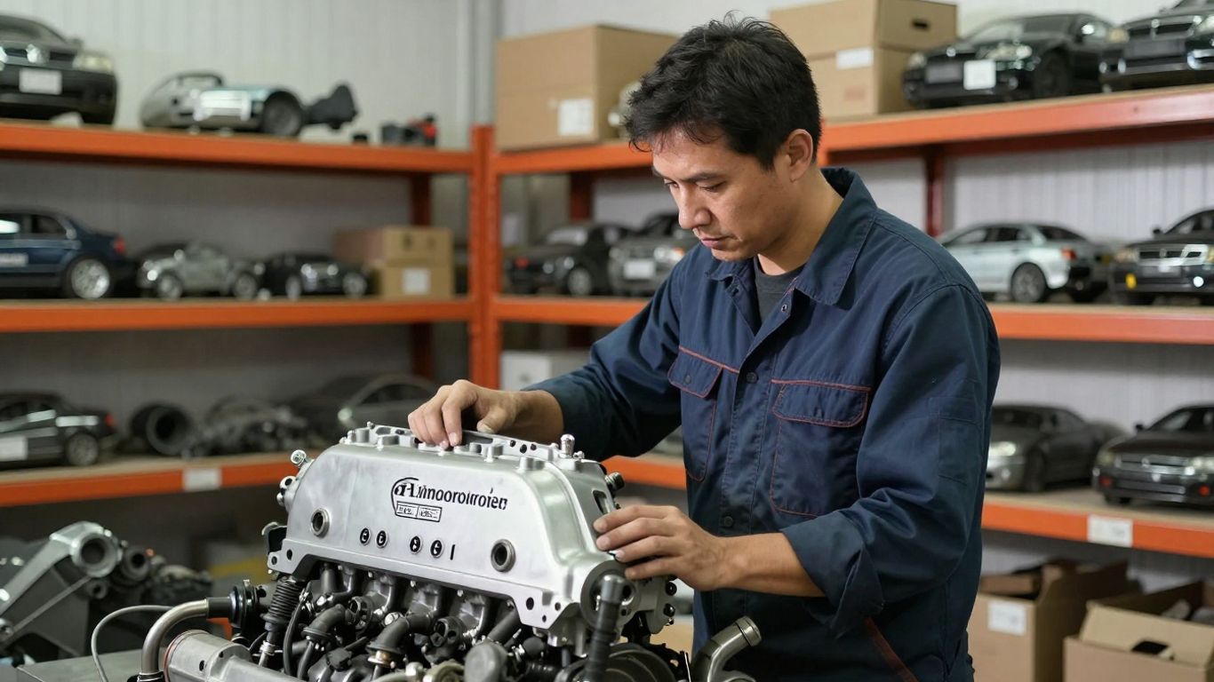 A technician inspecting salvaged car parts in a yard