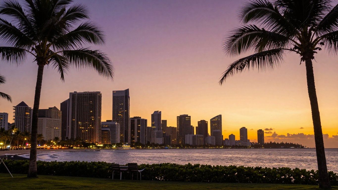 Gold Coast skyline at dusk with palm trees and ocean.