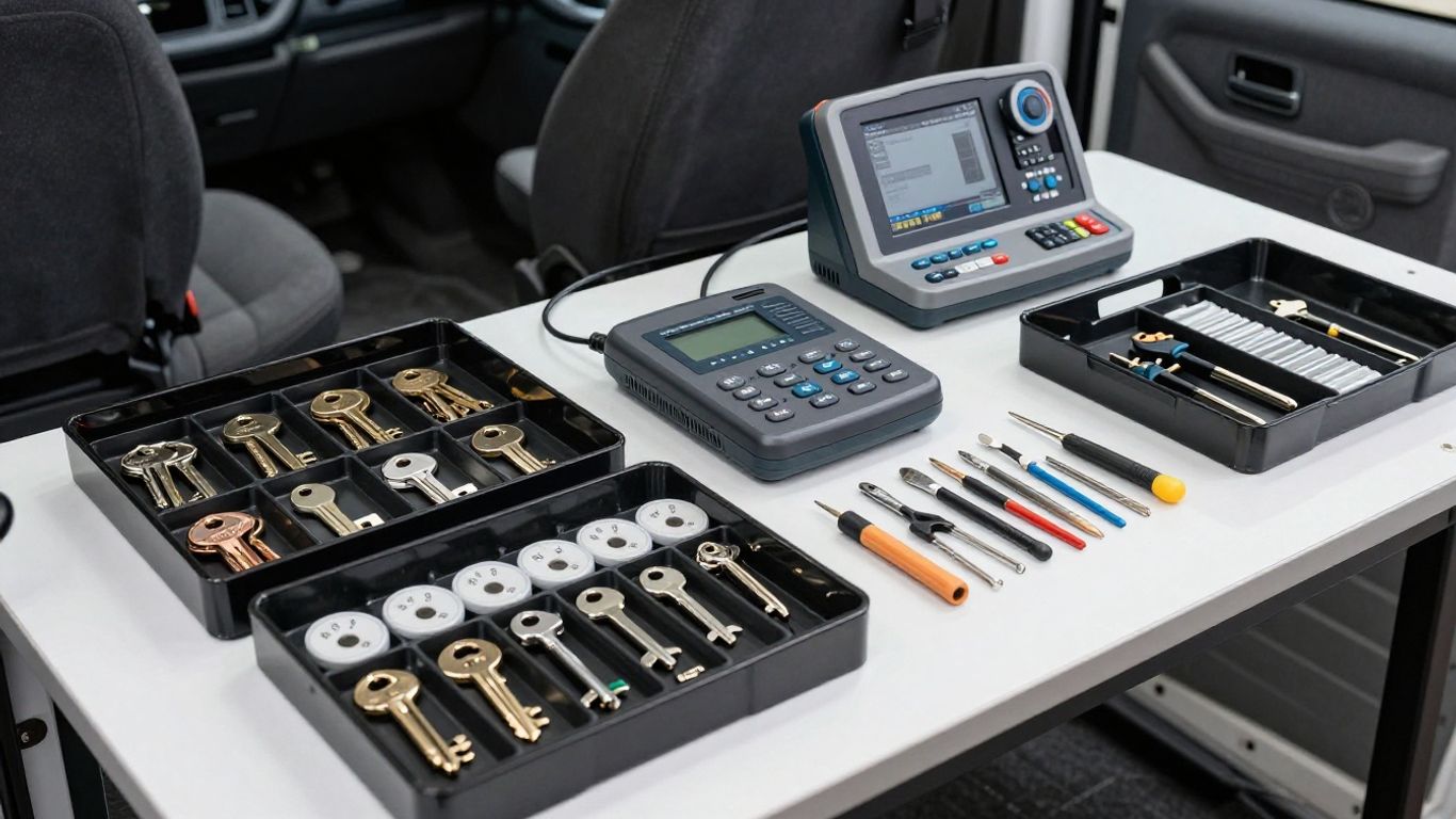 A technician prepares basic tools inside a service van