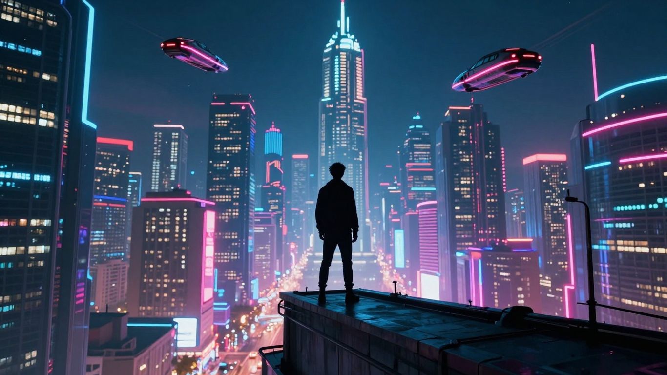 Futuristic cityscape with neon lights and flying vehicles.