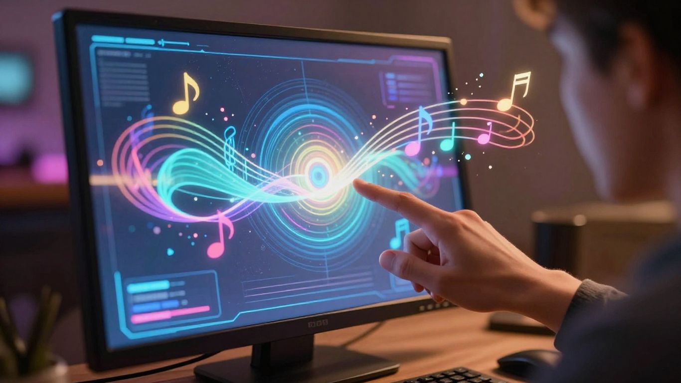 AI music creation interface with sound waves.