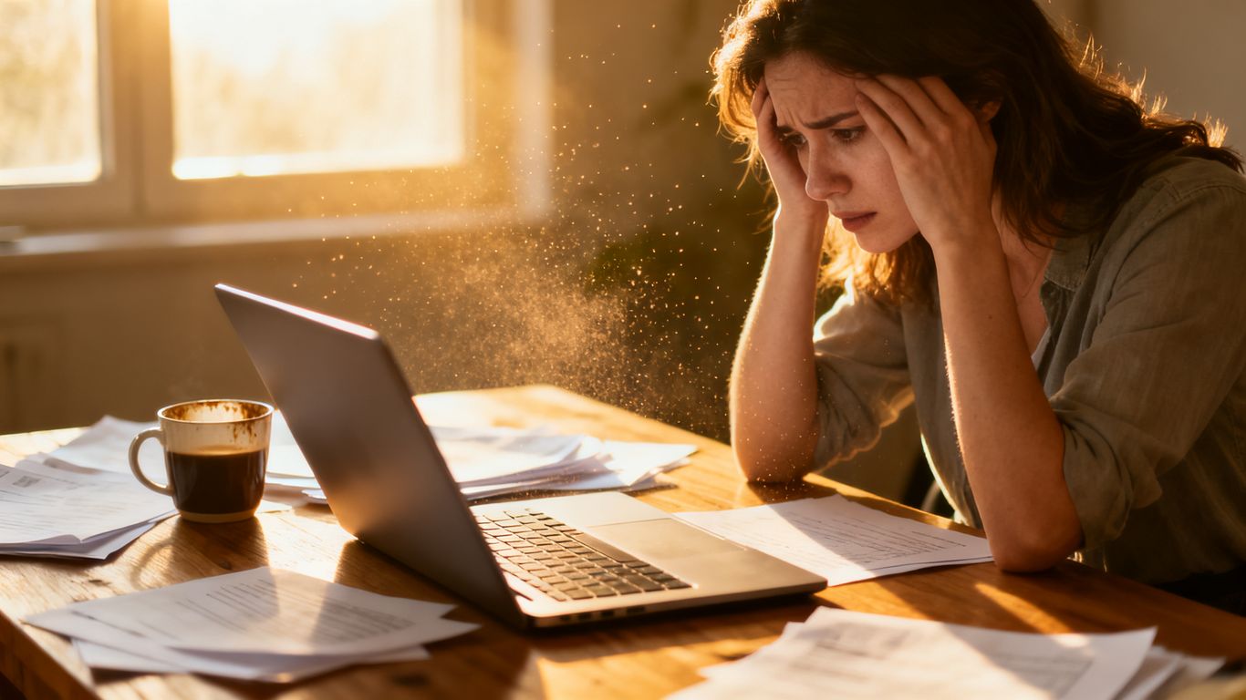 Woman looking stressed at a laptop on a messy desk.