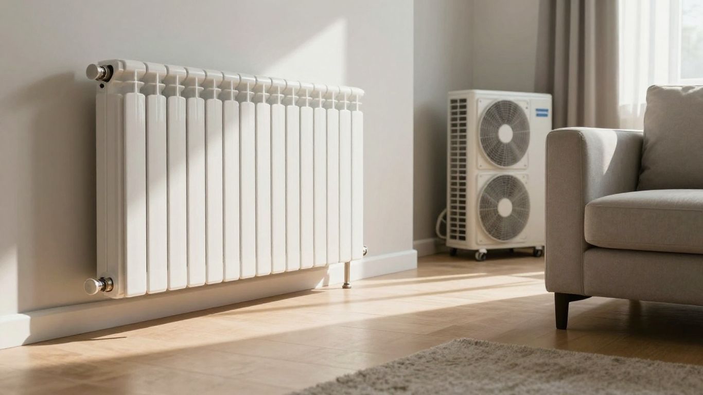 Radiateurs basse température avec pompe à chaleur dans un salon moderne.