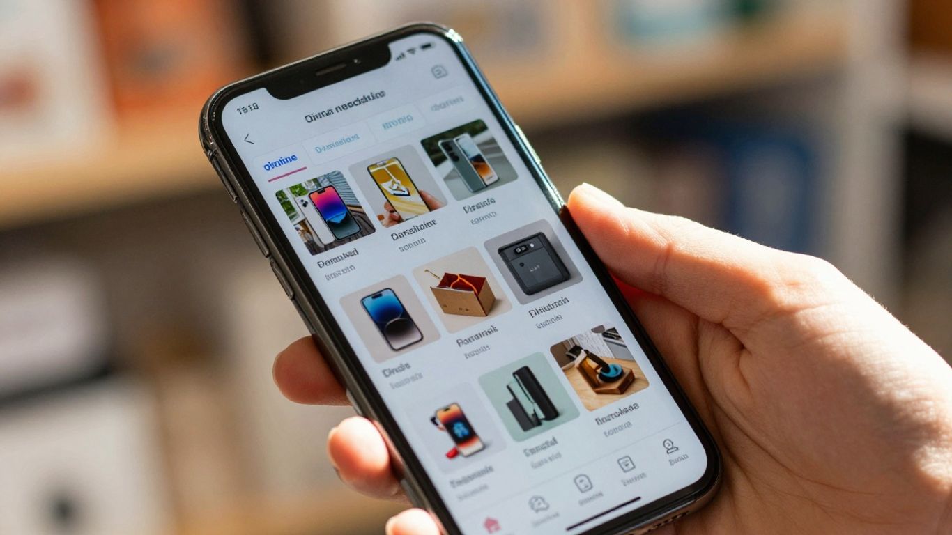 Hand holding smartphone with digital marketplace deals.