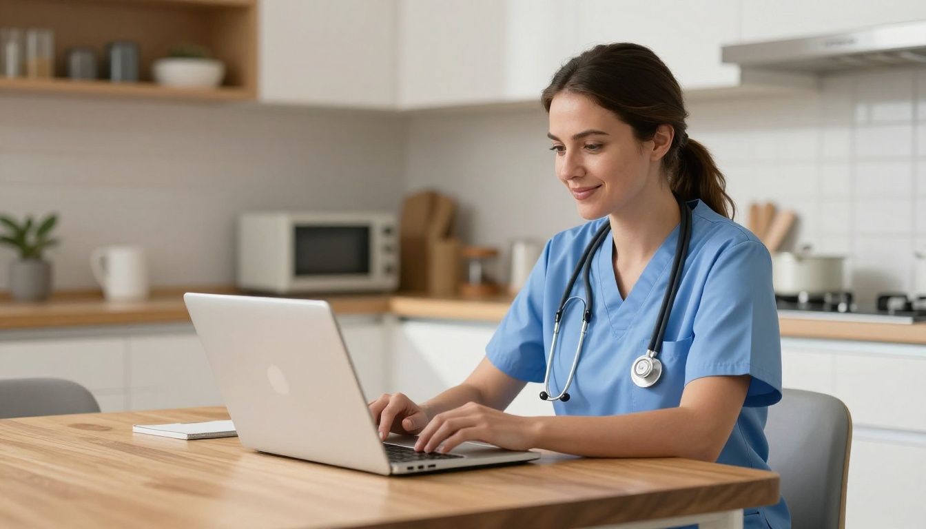 A female nurse in scrubs sits at a kitchen table with a laptop, smiling and looking relaxed during a break in a sunlit home.