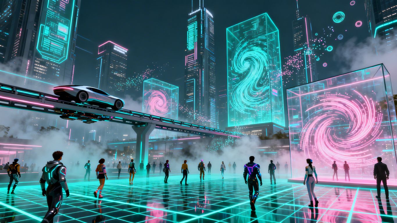 Virtual cityscape with avatars and digital art.