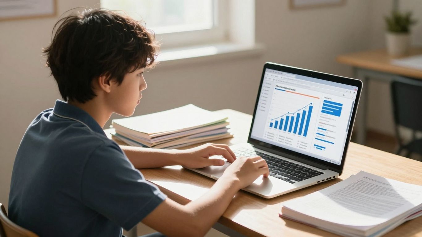 Estudiante trabajando y estudiando en un escritorio.