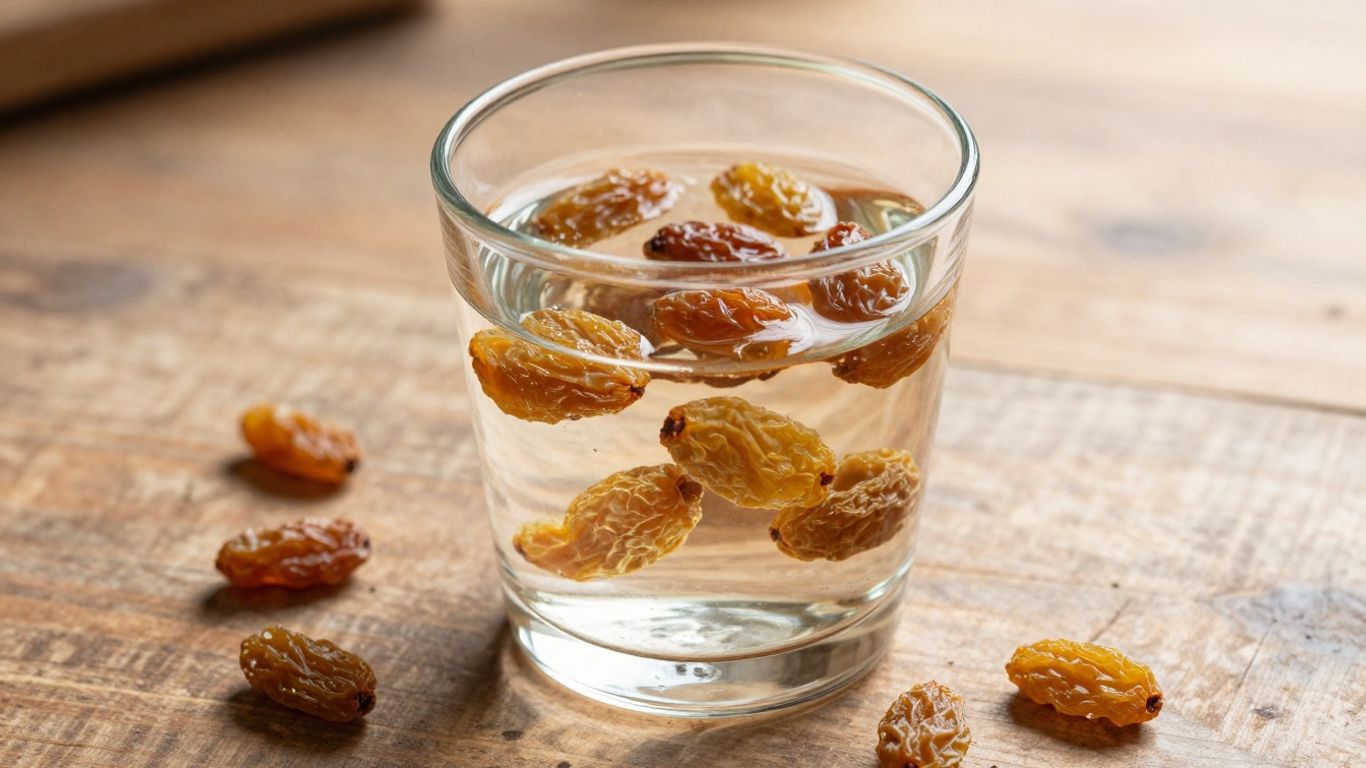 Glass of raisin water with plump raisins.