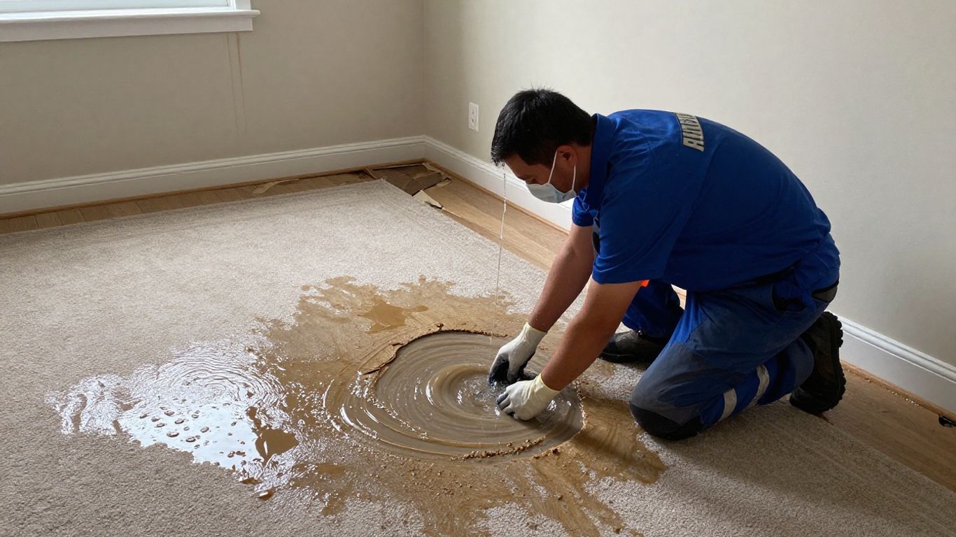 Water damage restoration worker removing water from home.