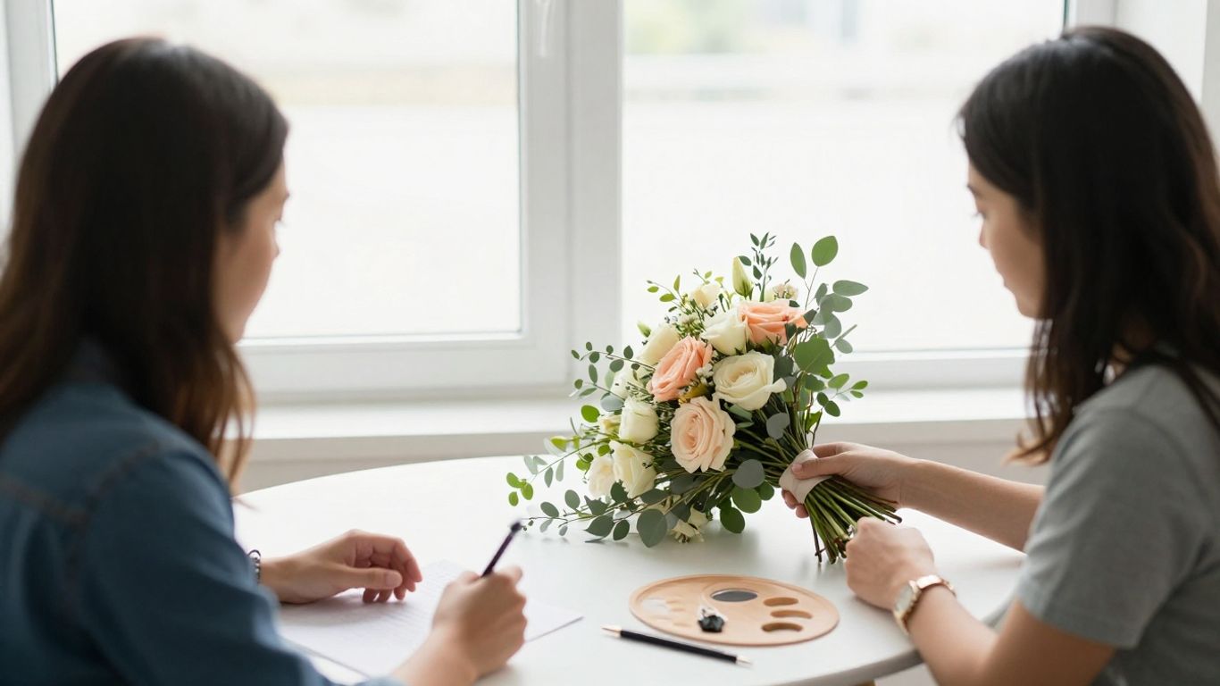 Wedding bouquet beside a handwritten floral palette