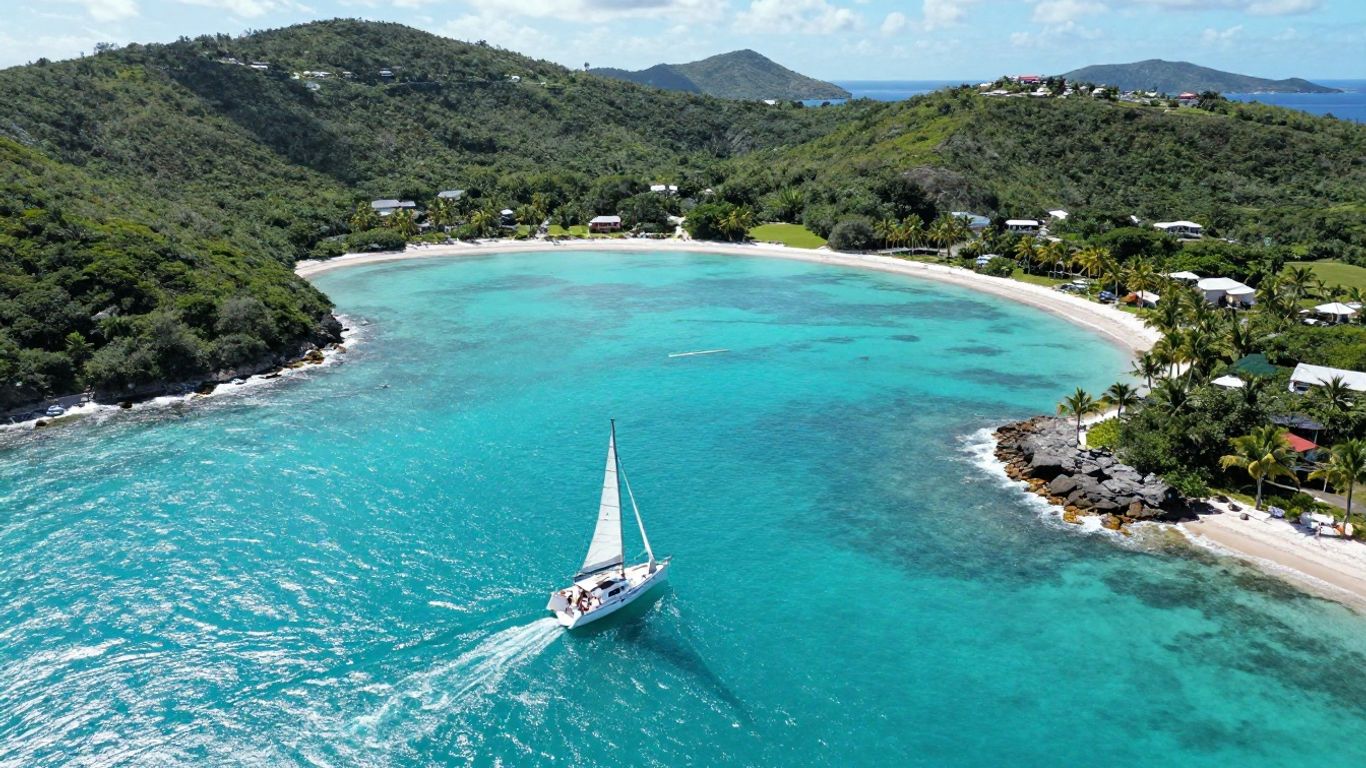 Sailboat sailing in turquoise waters, British Virgin Islands