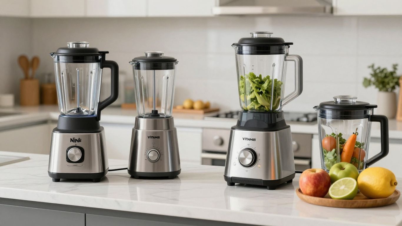 Various blenders on a kitchen counter with fruits.
