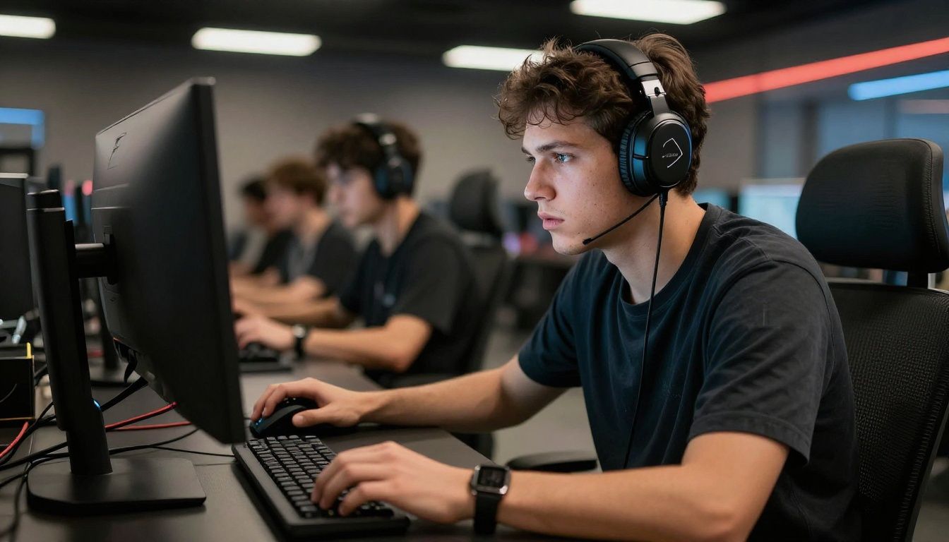 Um jogador de Counter-Strike 2 concentrado diante de um monitor de alta taxa de atualização, focado na jogabilidade em um cenário urbano tecnológico e tático