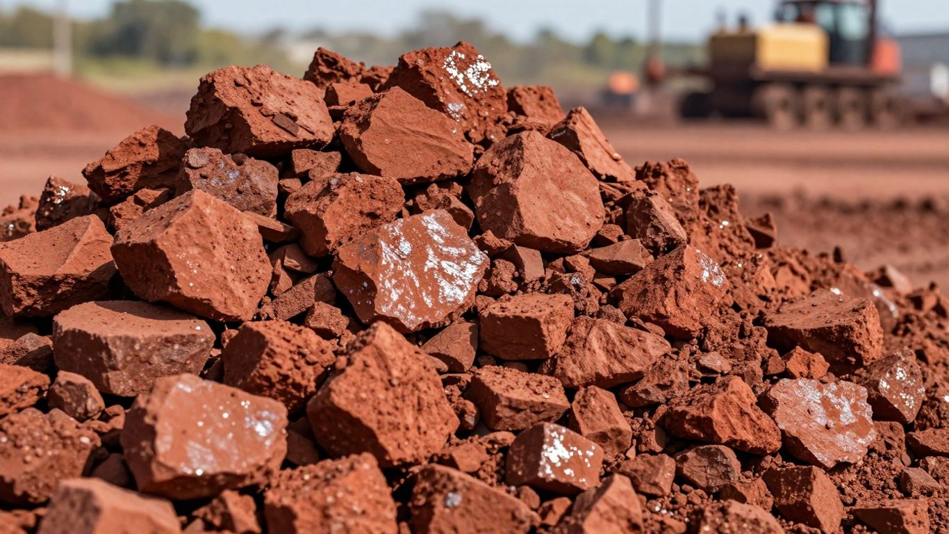 Iron ore chunks with industrial background.