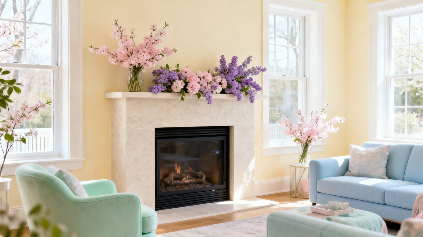 Modern fireplace with spring florals in a bright living room.