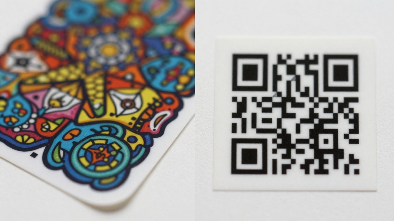 QR code sticker next to a traditional sticker.
