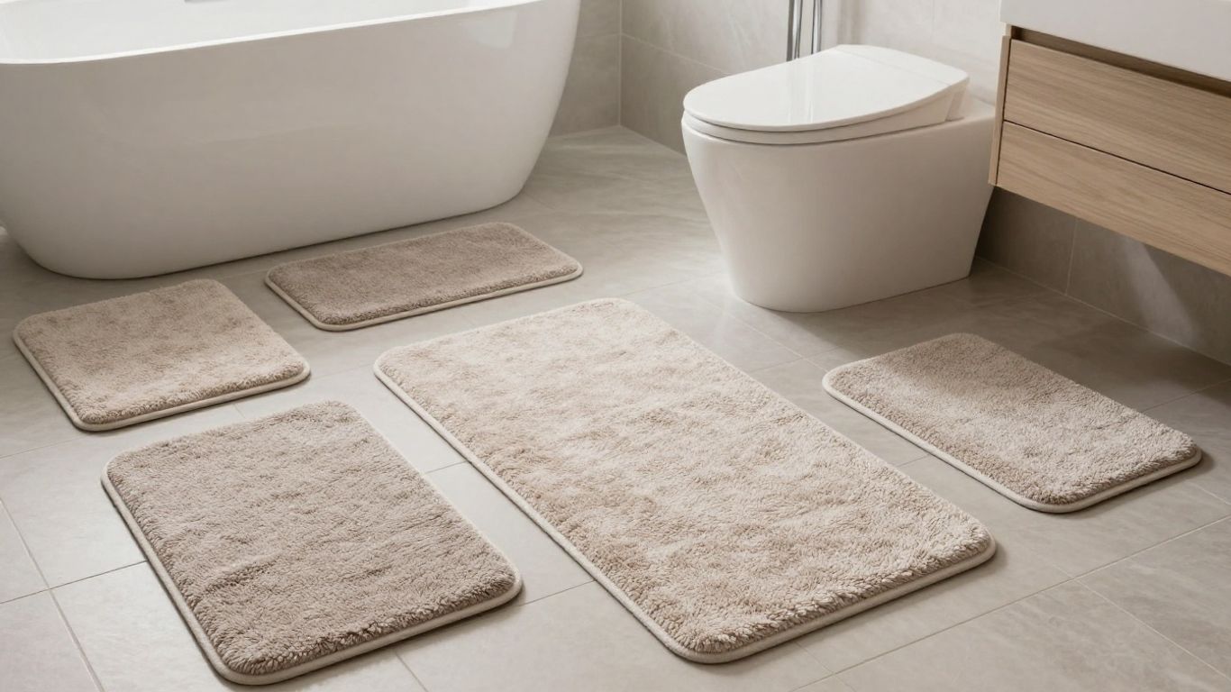 Plush, non-slip bath mats in a modern bathroom setting.