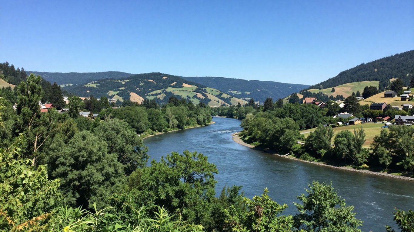 Scenic view of Hood River, Oregon with mountains and river.